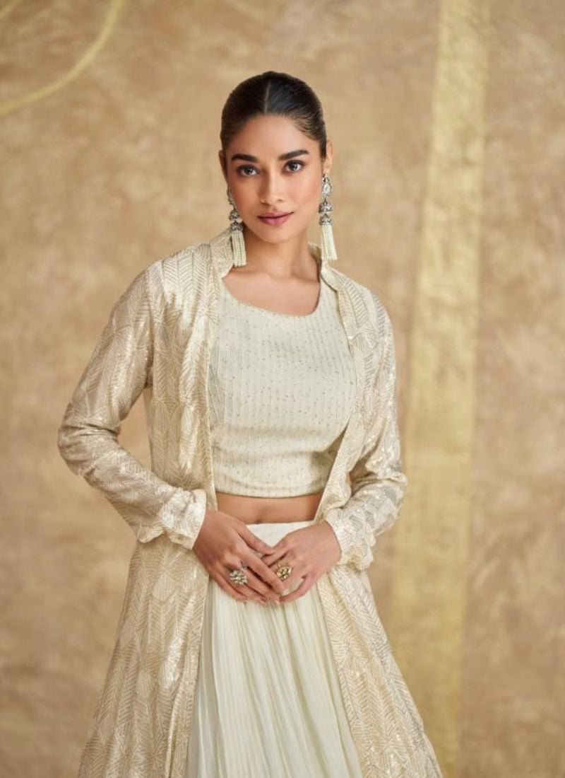 Classic Cream Georgette Embroidered Jacket Lehenga With Crop Top Cheap Sale Free Shipping