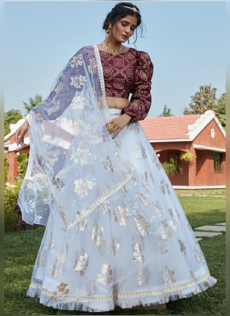 Elegant White And Wine Color Soft Net Base Lehenga Choli Discounts Cheap Pice