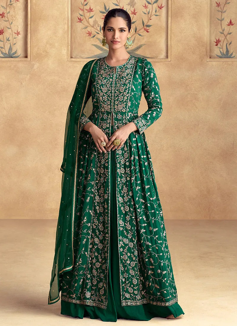 Formidable Dark Green Embroidered Anarkali Style Lehenga Cheap Low Shipping