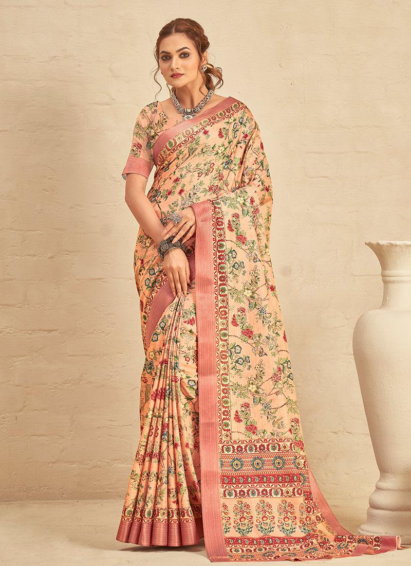 Silk With Digital Print Light Peach Saree Sale Explore