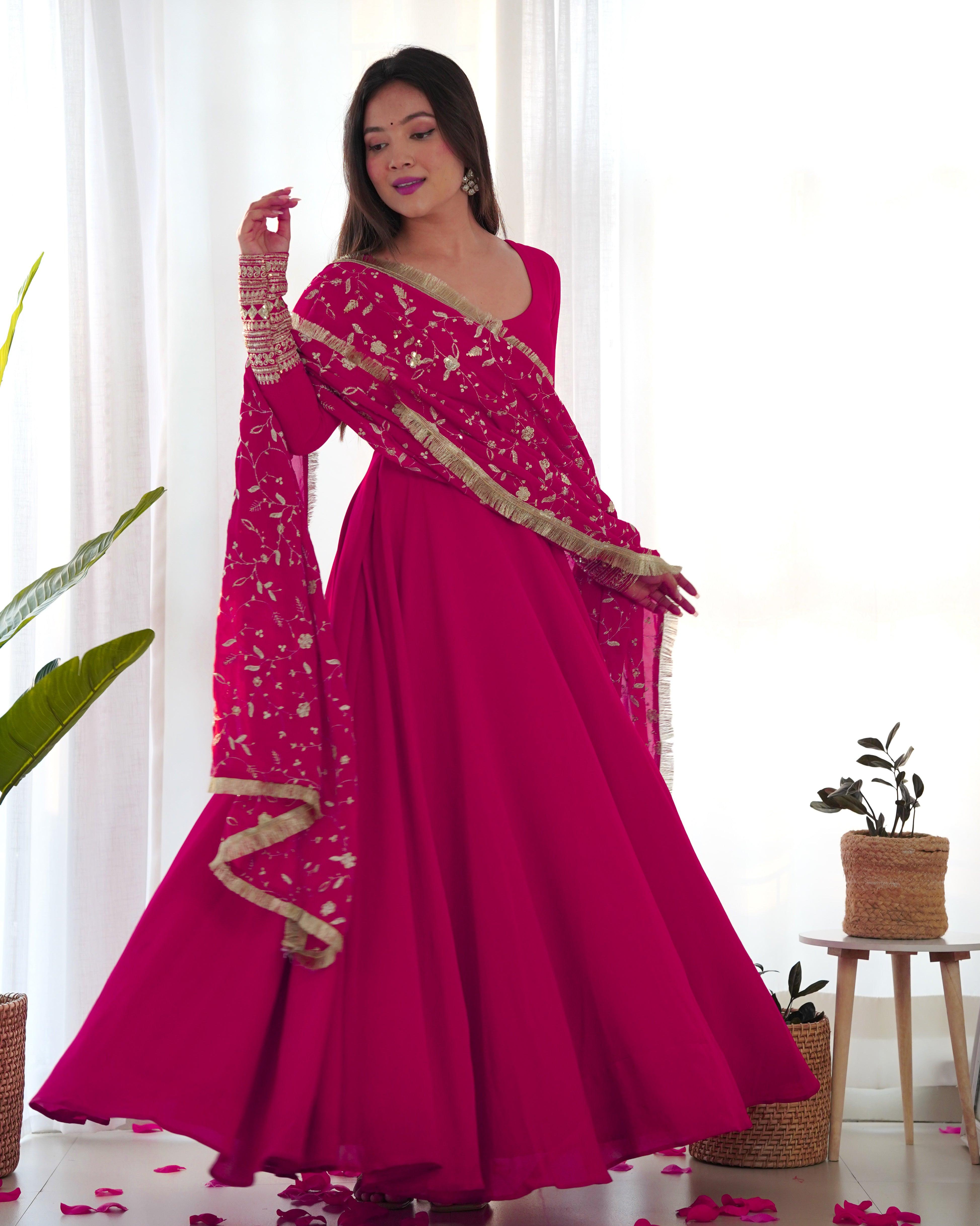 Rani Pink Color Georgette Gown With Dupatta Set Discount Original