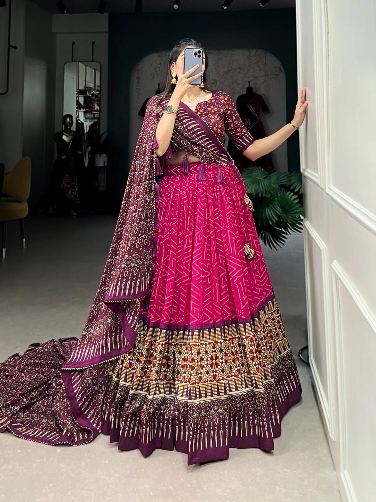 Elegant Bandhej And Ajrakh Printed Silk Lehenga Choli Cheapest Online