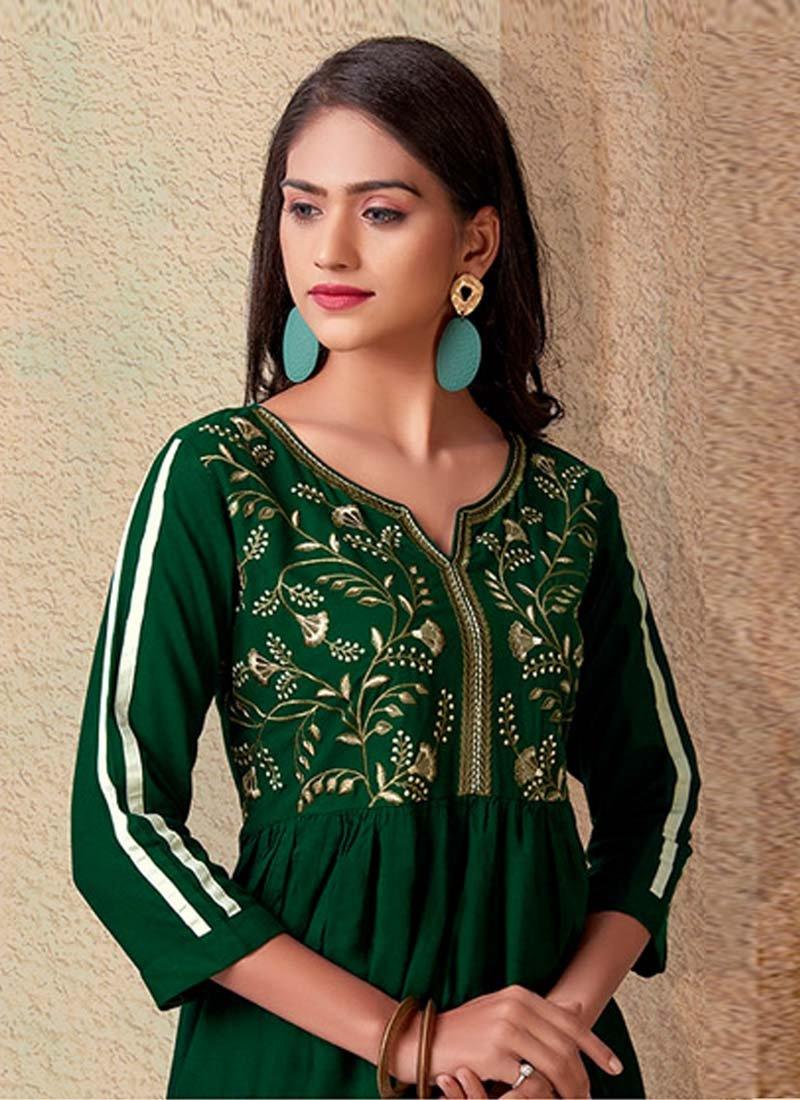 Forest Green Color 3/4th Sleeves Cotton Fabric Casual Wear Short Kurti Cheap Sale 100% Guaranteed