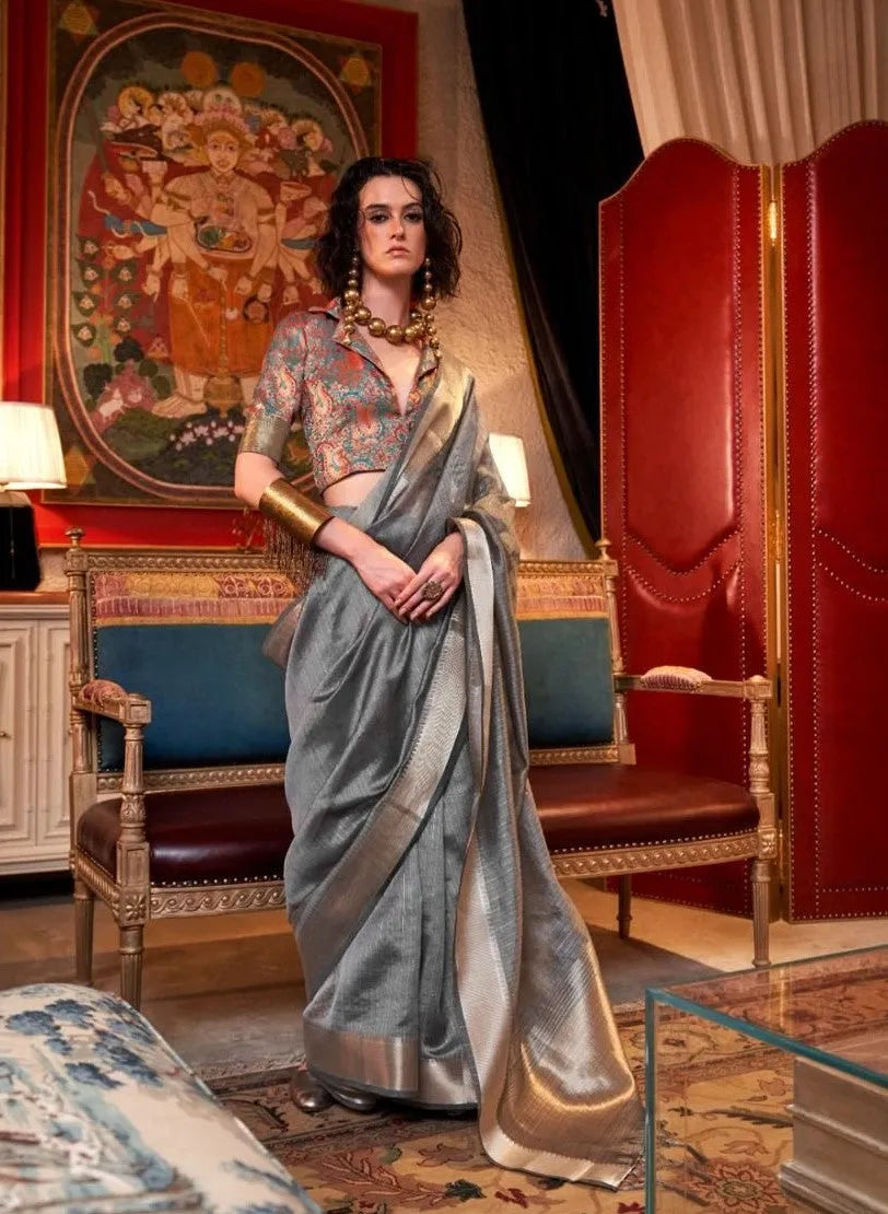 Graceful Chiffon Hand Weaved Grey Classic Saree Get Authentic For Sale