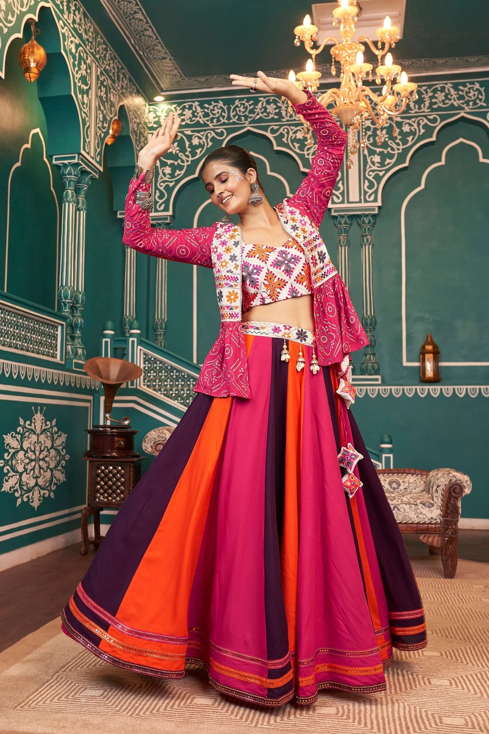 Magical Multicolored Rayon Navratri Jacket Lehenga Choli Sale Cheapest