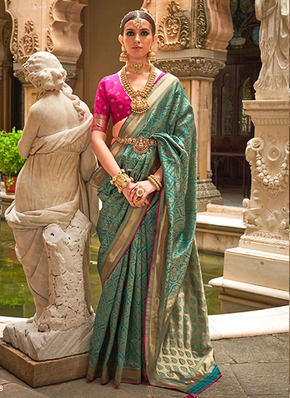 Green Banarasi Silk Jacquard Weaving Worked Designer Saree Cost For Sale