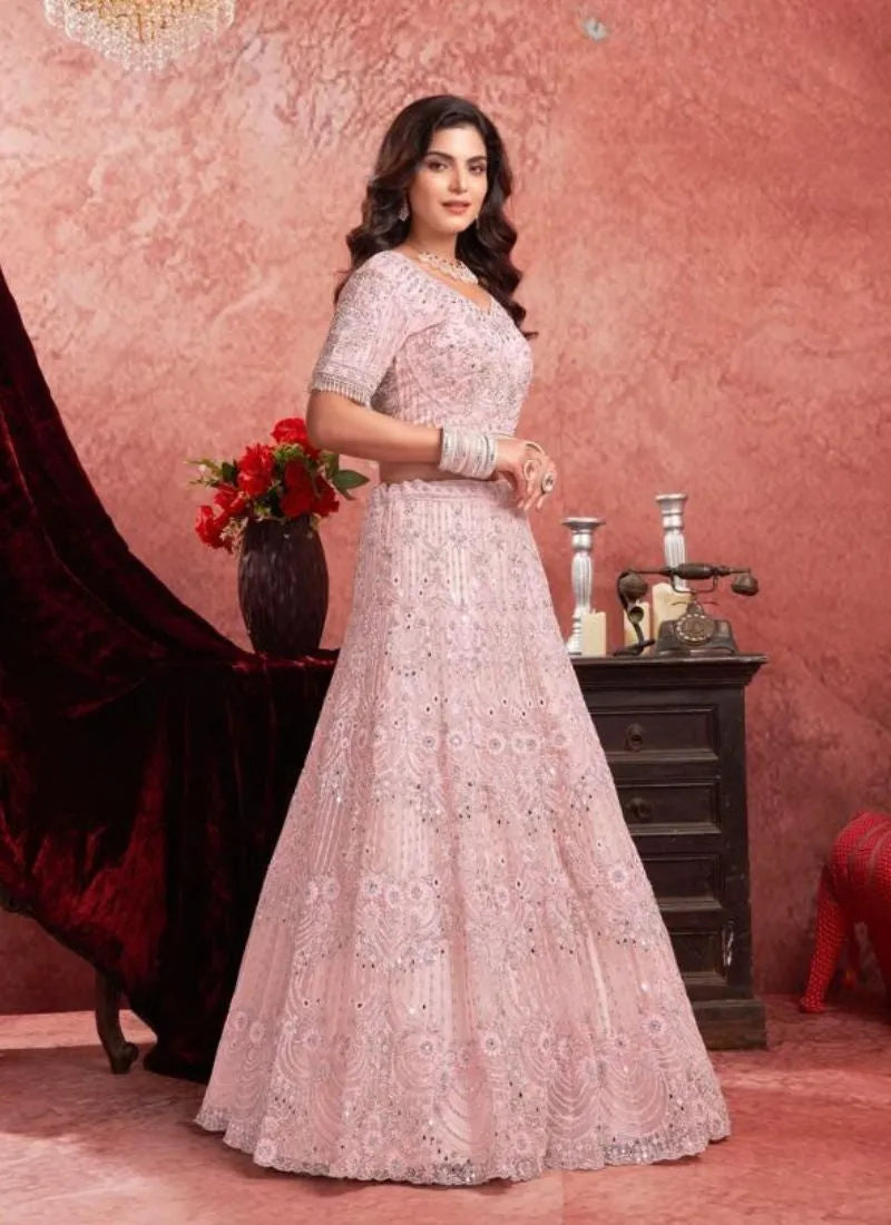 Designer Baby Pink Embroidered Net Bridal Lehenga Choli Fashionable Sale Online