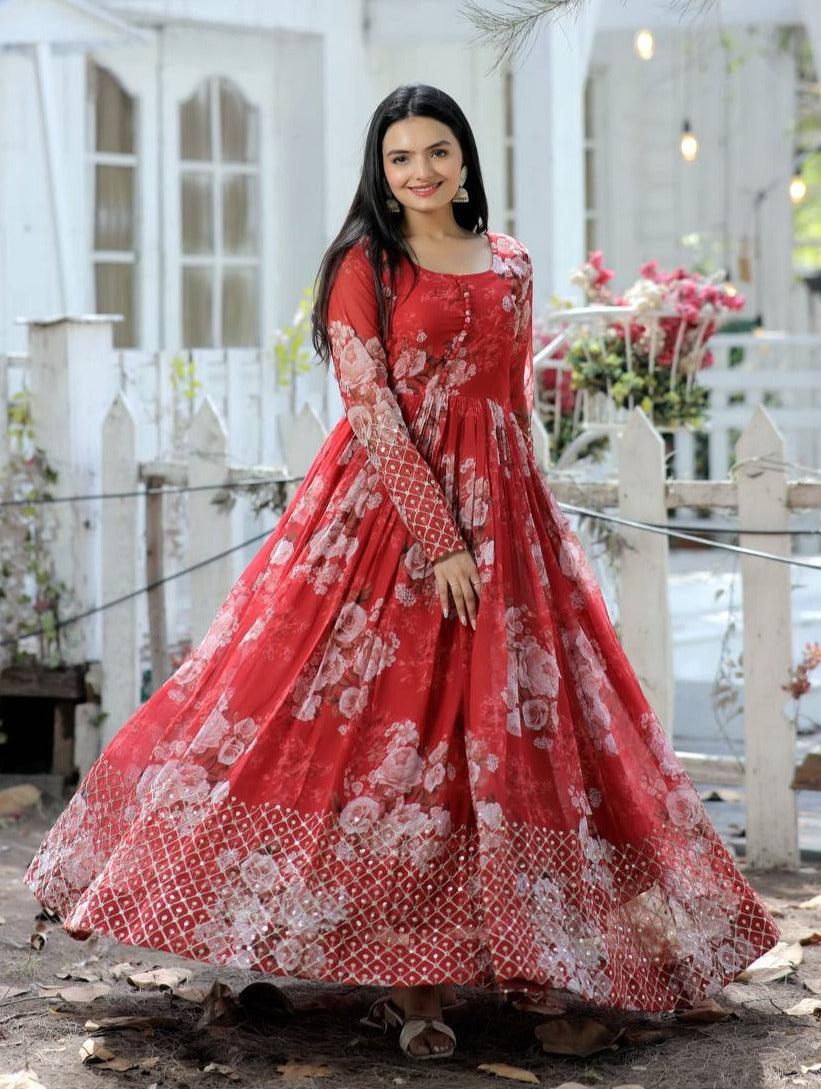 Beautiful Floral Zari Sequins Worked Gown With Dupatta Outlet Shop