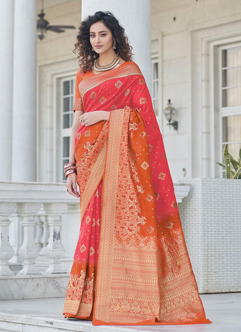 Pink Color Banarasi Silk Base Half And Half Silk Weave Saree Discount Outlet Locations