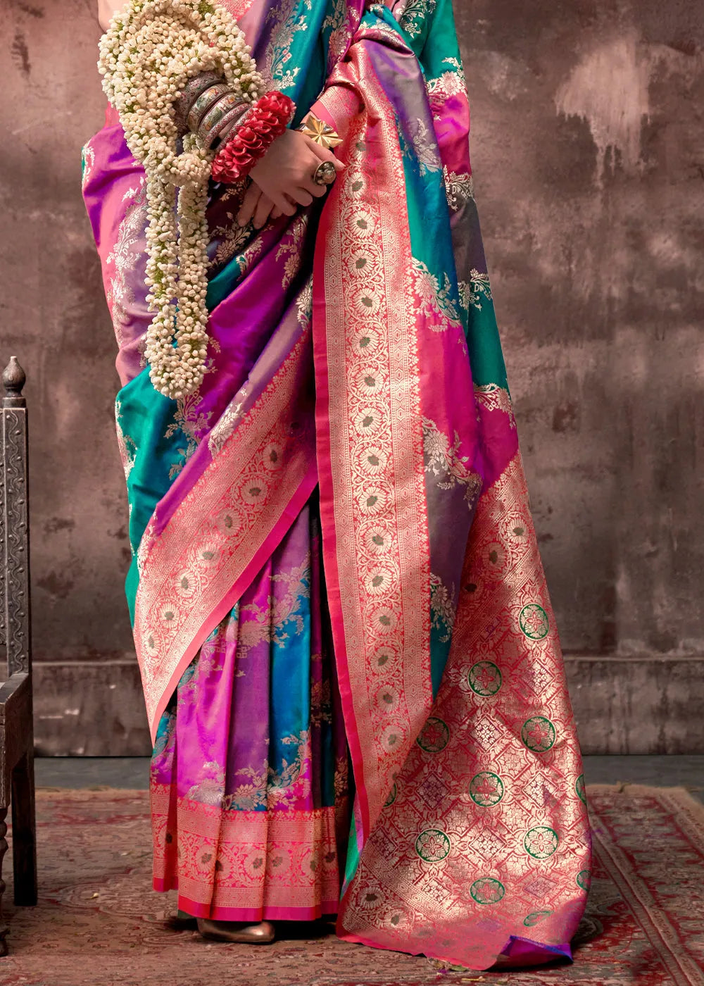 Stunning Blue-Pink Rangkaat Handloom Silk Saree Clearance Eastbay