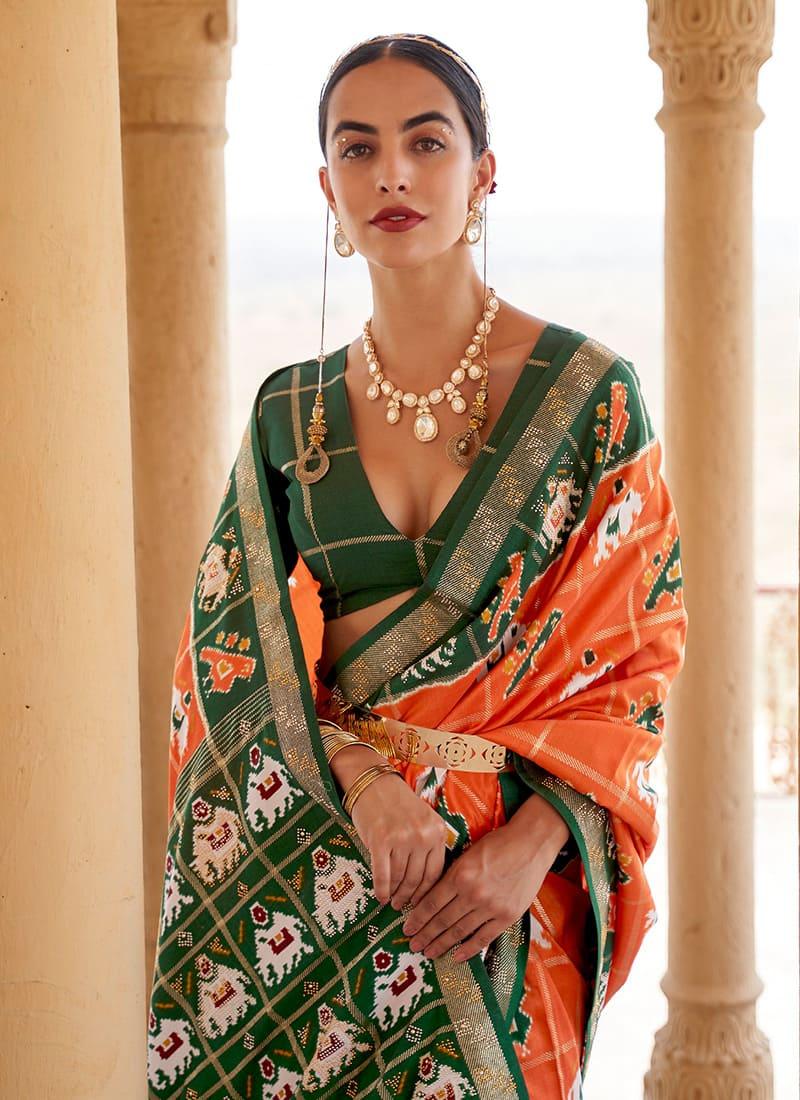 Orange Patola Saree With Deep V-Neck Blouse Tumblr Cheap Online