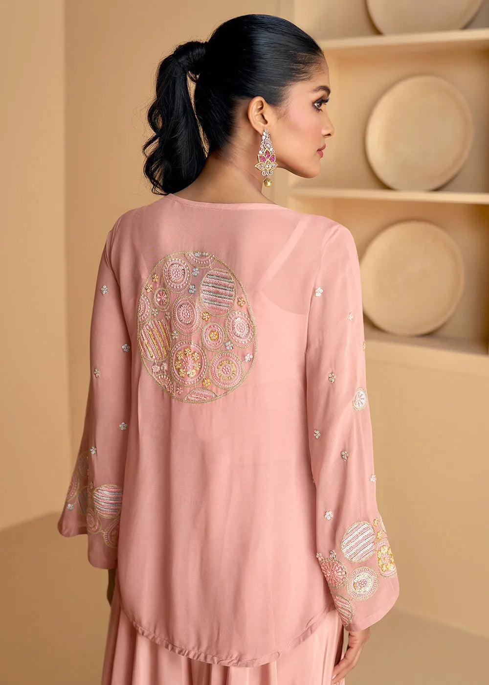 Sweet Pink Georgette Top Palazzo Suit With Embroidered Jacket Cheap Sale Exclusive