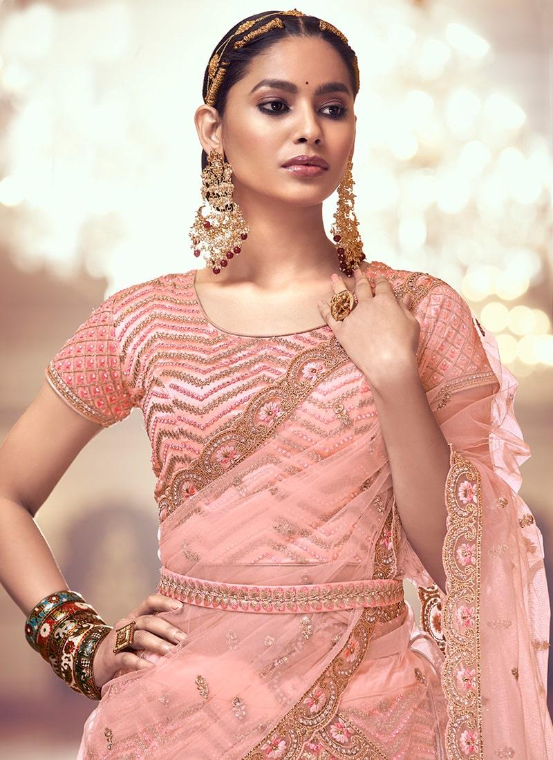 Heavy Zarkan And Mirror Work Peach Color Bridesmaid Lehenga Choli For Nice Online