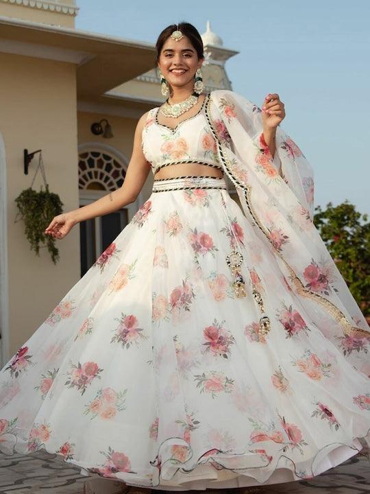 White Organza Printed floral lehenga Choli Discount Shop For