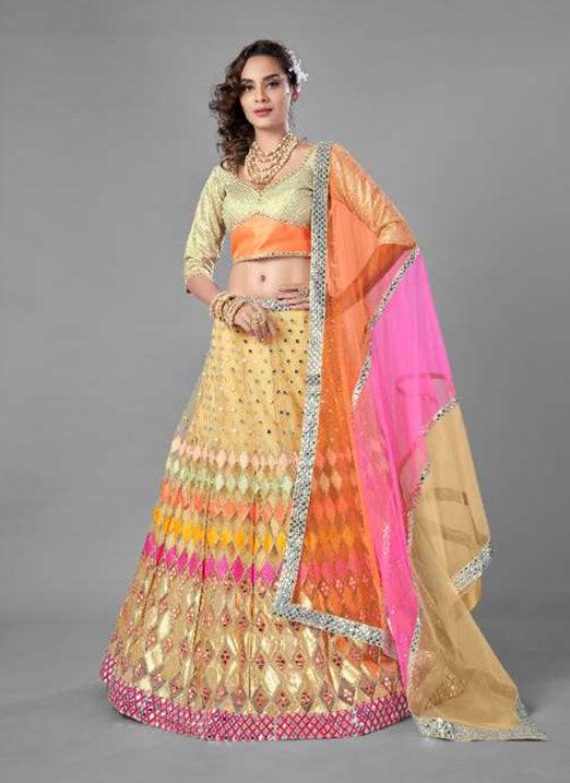 Extraordinary Beige Resham Foil Mirror Soft Net Lehenga Choli Set Clearance Perfect