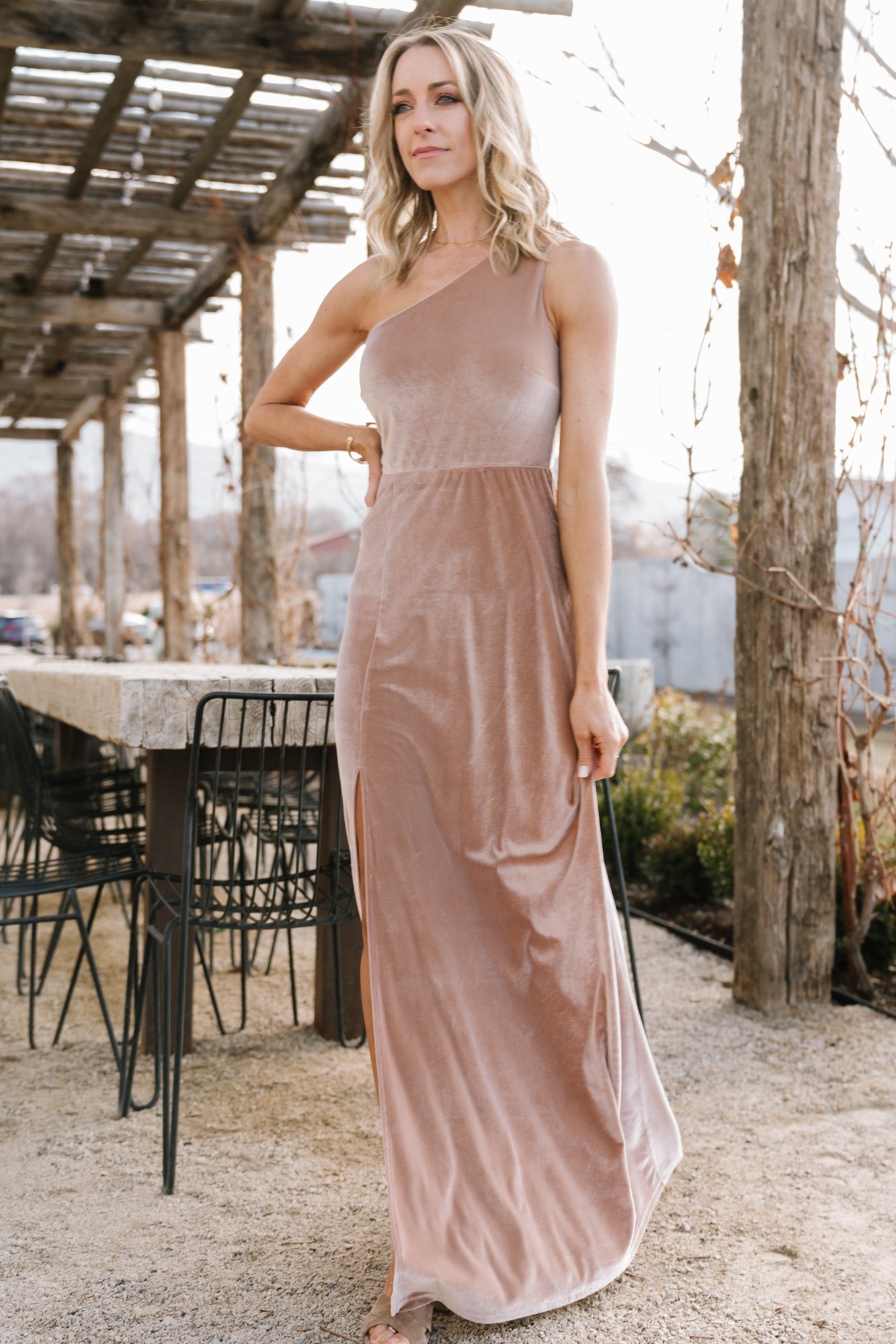 Tatiana Velvet One Shoulder Maxi Dress | Champagne Marketable Online