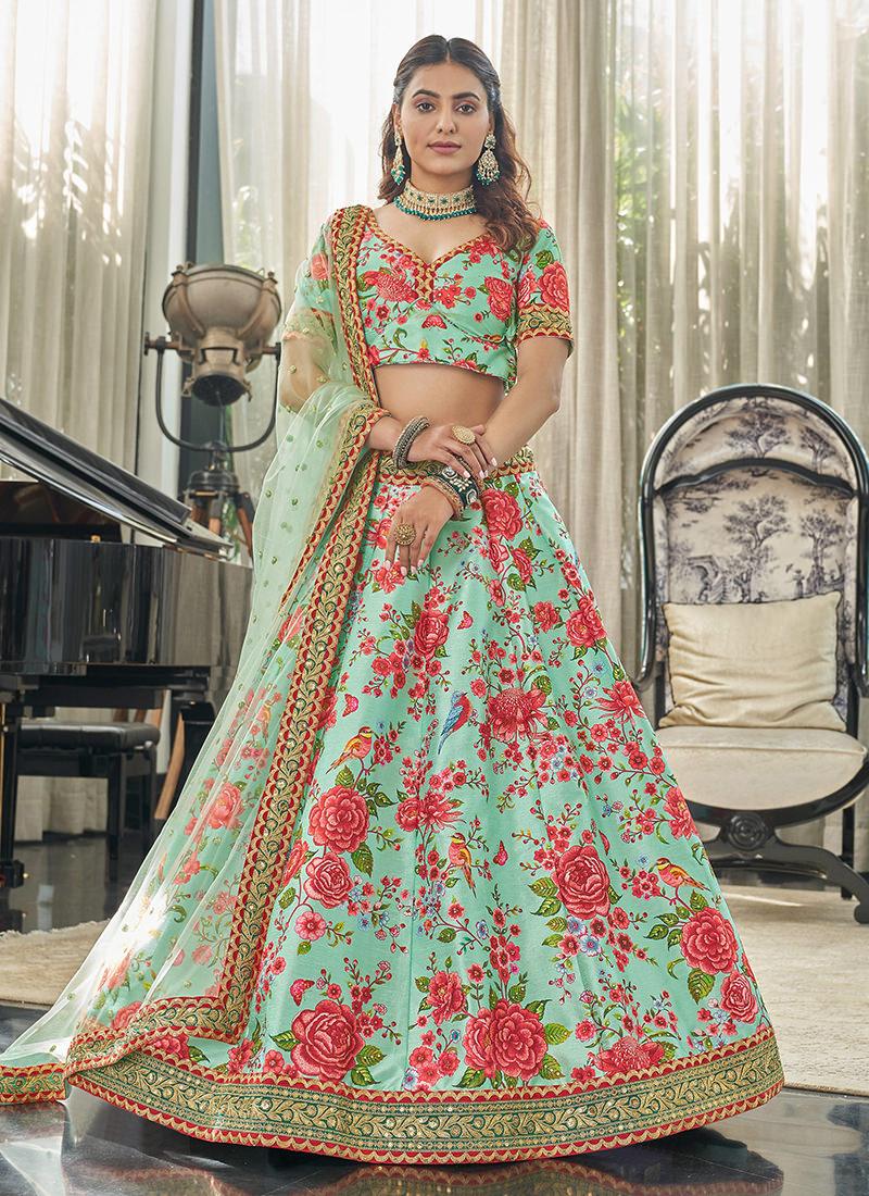 Art Silk Fabric Embroidered Mint Green Floral Lehenga Cheap Sale Collections