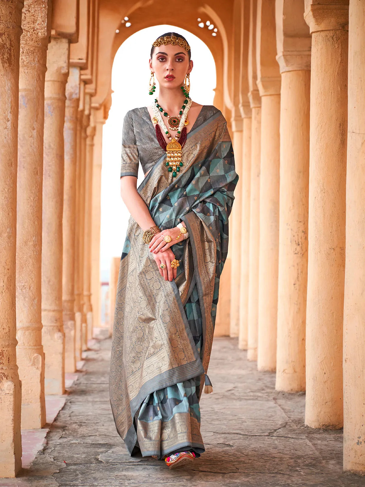 Glorious Sky Blue-Grey Viscose Silk Printed Saree Safe Shopping Cheap Online