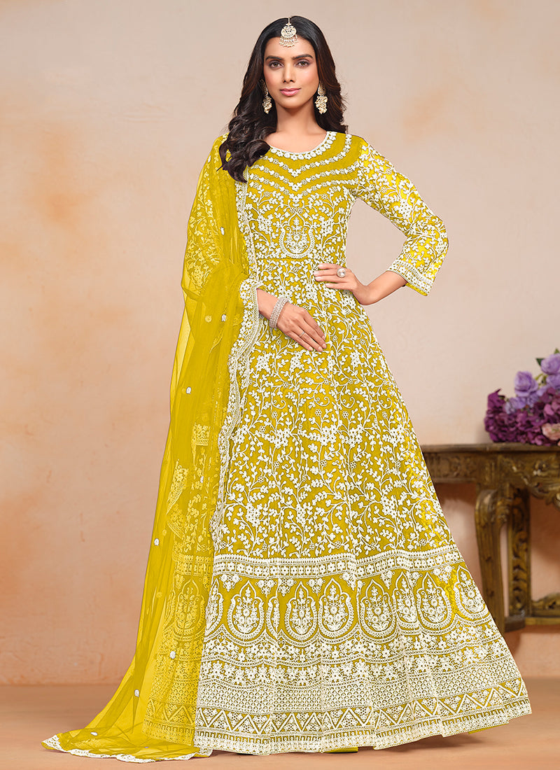 Radiant Bright Yellow Designer Embroidered Anarkali Gown Free Shipping With Paypal