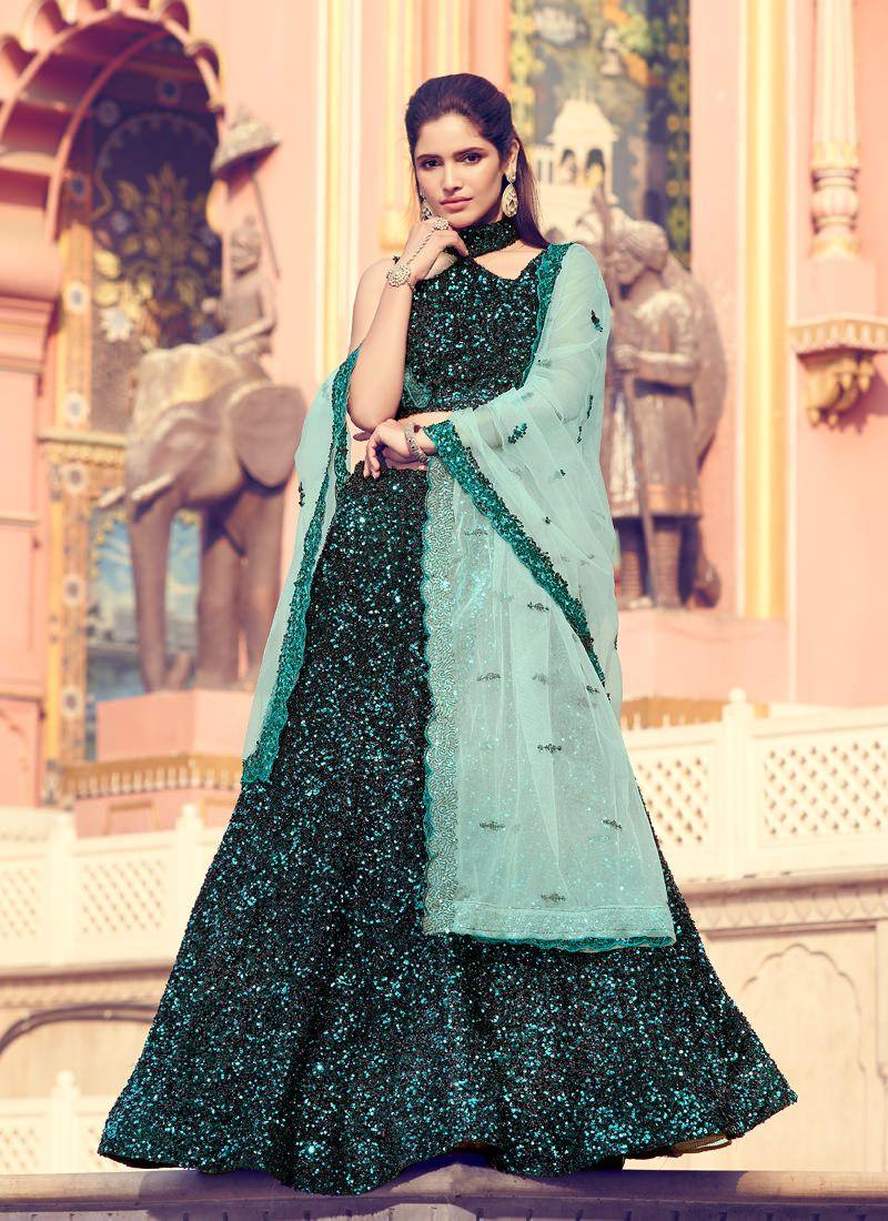 Alluring Black Color Lehenga Choli With Turquoise Color Dupatta Set Looking For For Sale