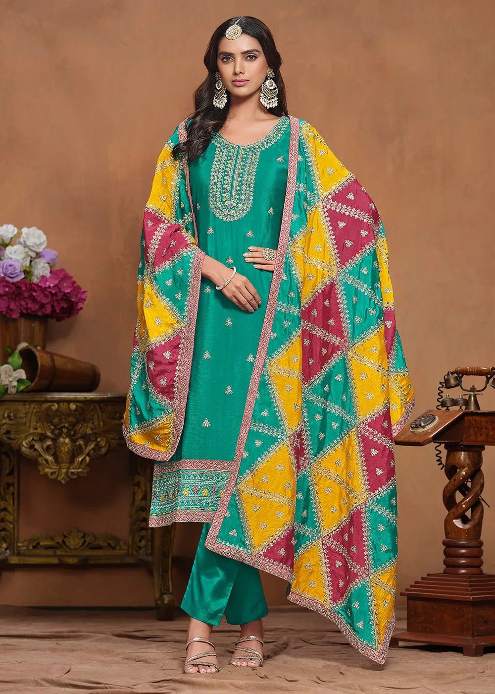 Glowing and Dazzling Chinon Silk Turquoise Salwar Suit Official Cheap Online