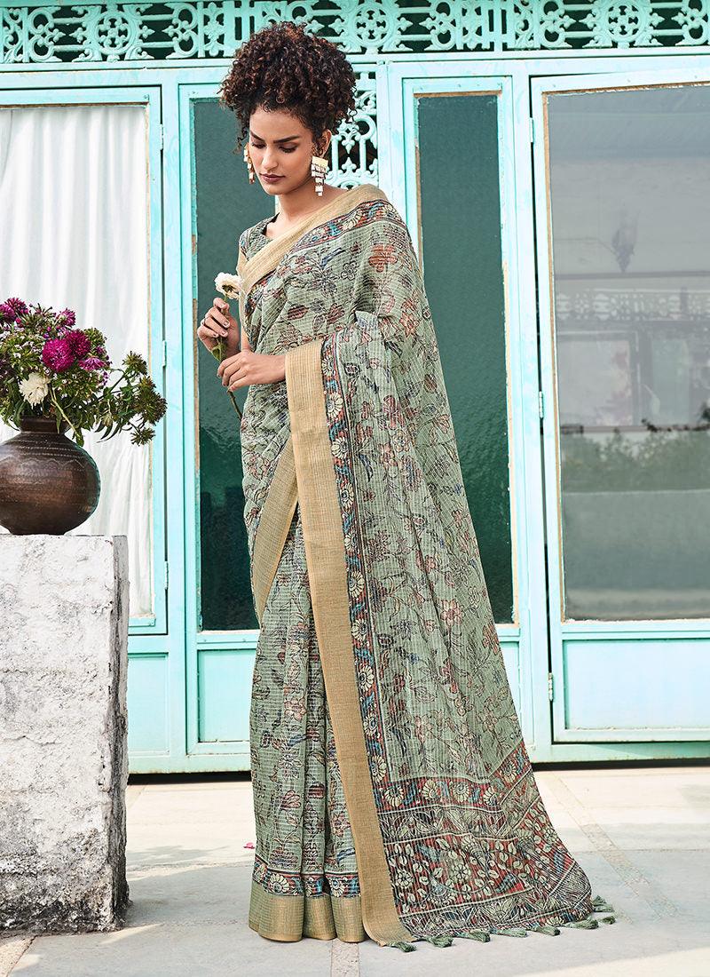 Linen Fabric Sea Green Printed Floral Saree The Cheapest