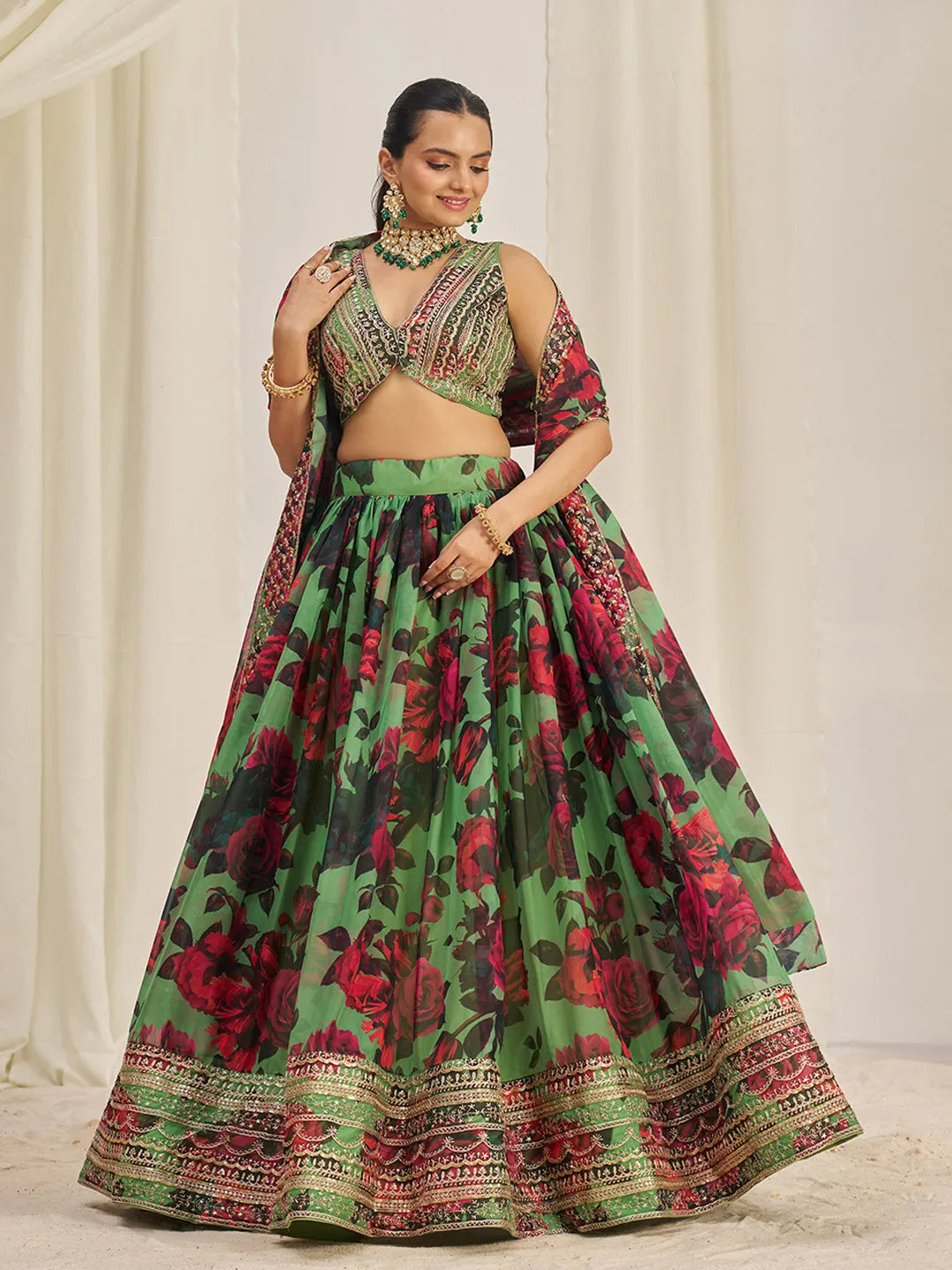 Parrot Green Organza Zari Dori Sequins Floral Lehenga Choli Set Clearance Official Site