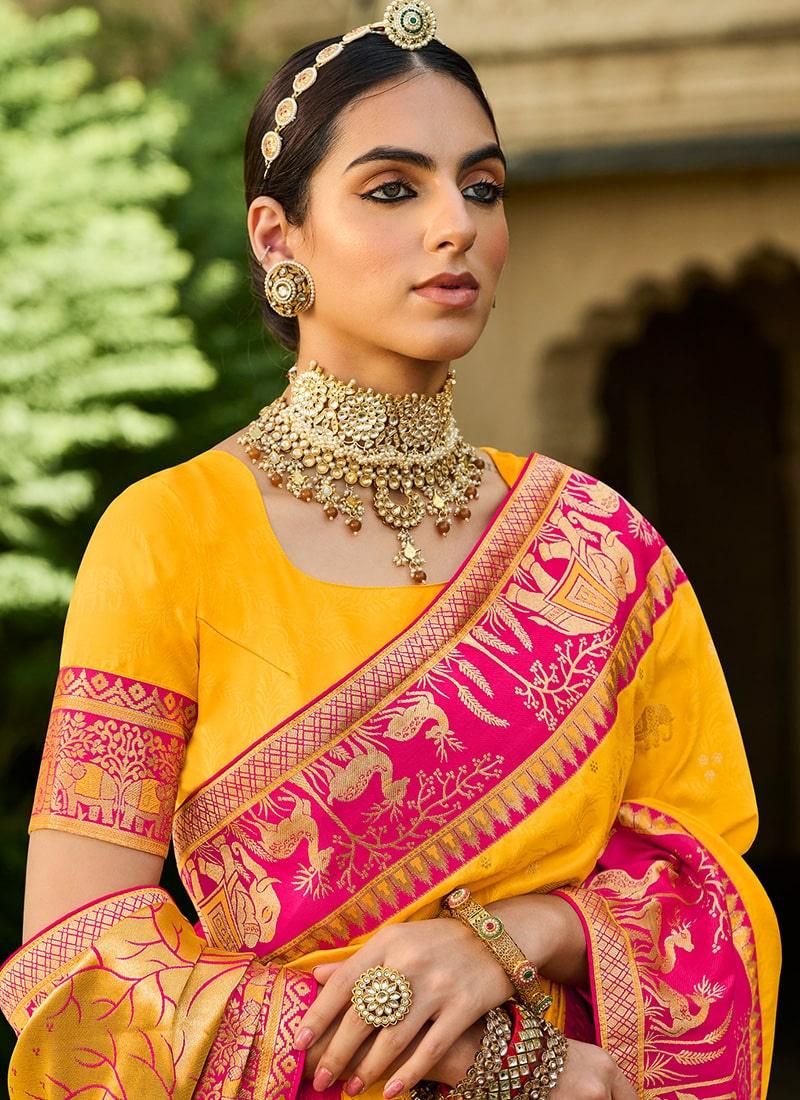 Yellow Color Silk Fabric Silk Weave Saree With Pink Color Blouse 100% Authentic Cheap Online