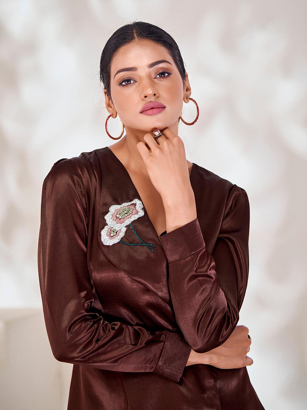 Brown Color silk ready-to-wear top with handwork Fashionable Online