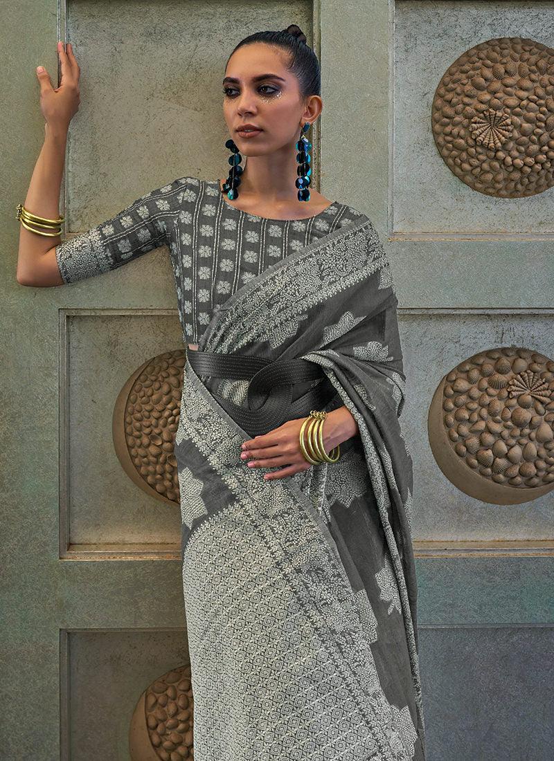 Grey Color Lucknowi Silk Classic Saree Discount Exclusive