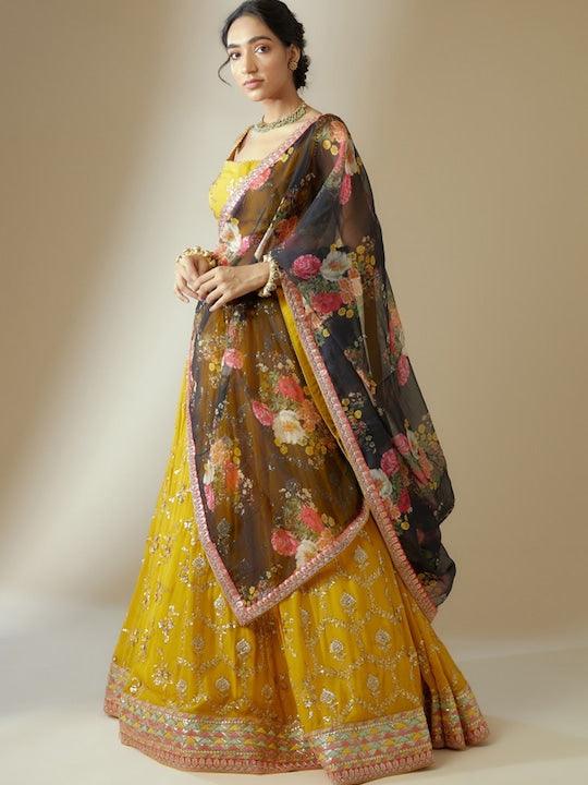 Yellow lehenga choli with contrast dupatta 2025 Newest