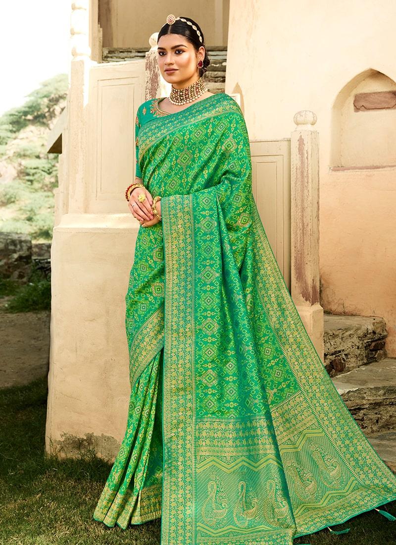 Occasion Wear Green Colored Silk Fabric Silk Weave Work Saree Outlet Free Shipping Authentic