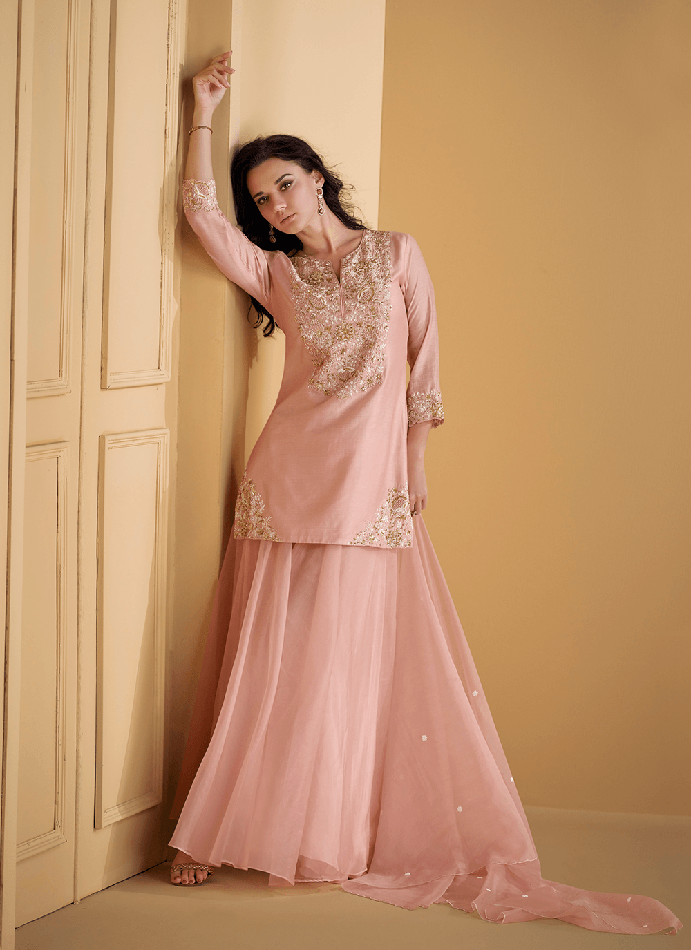 Peach Pure Silk Cording Worked Designer Top Palazzo Suit Outlet Factory Outlet