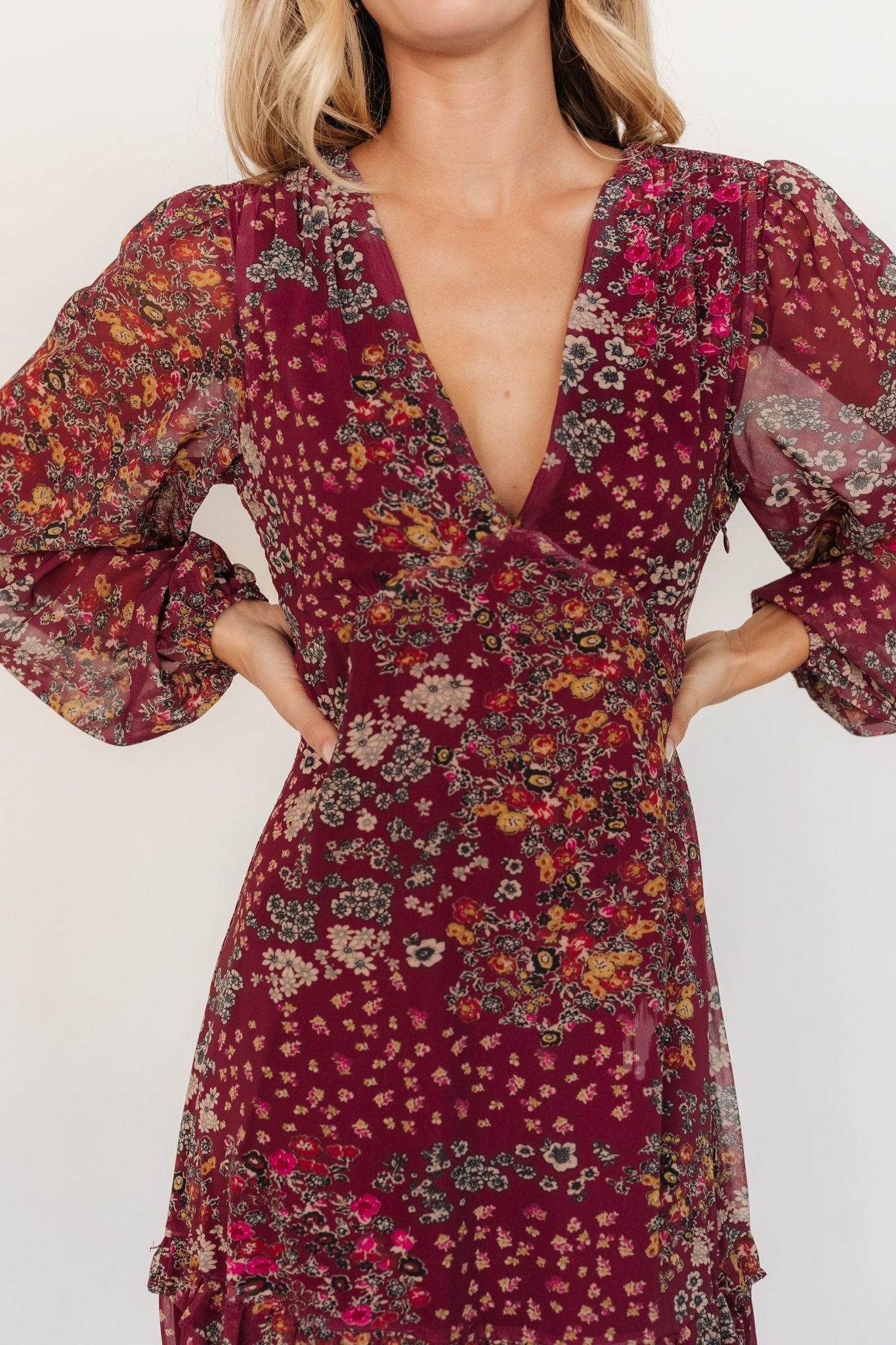 Bowman Deep V Maxi Dress | Burgundy Multi Clearance Limited Edition