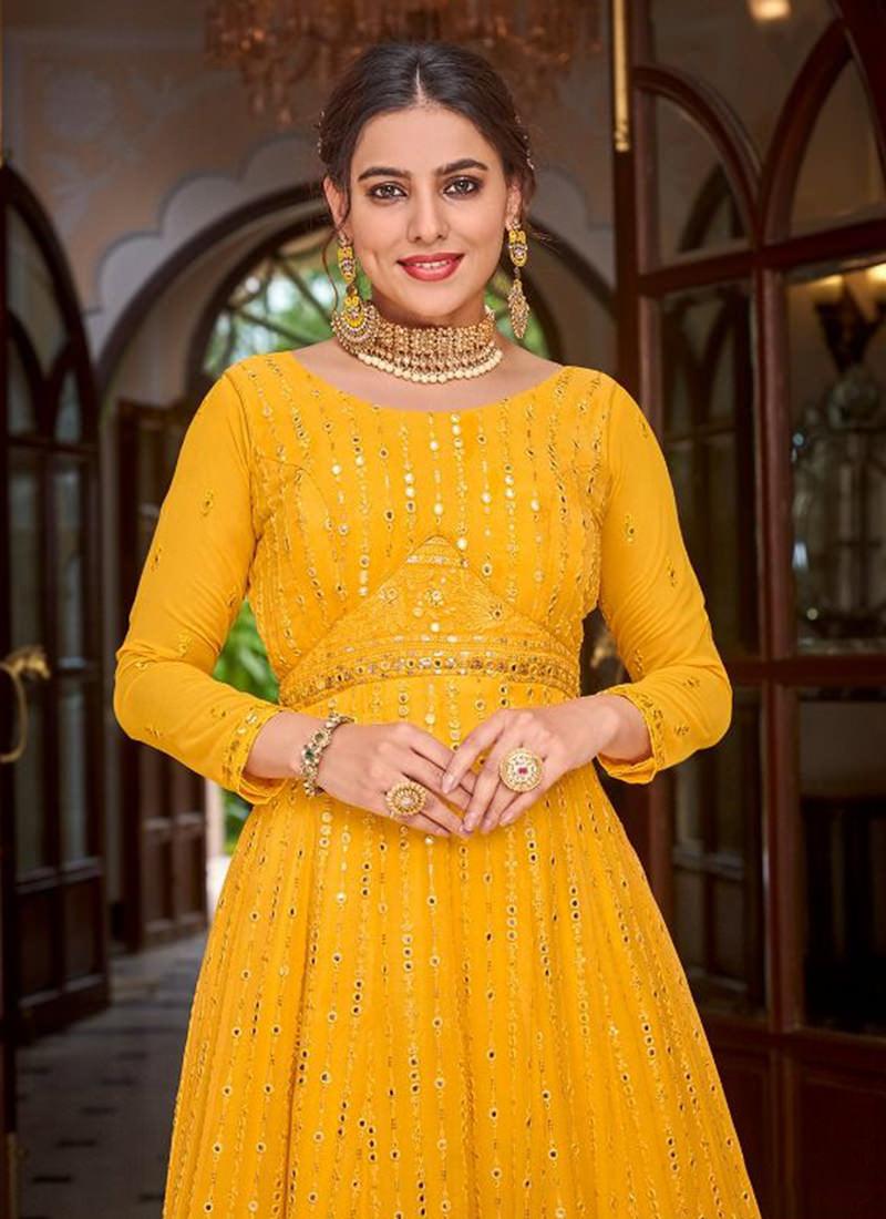 Embroidered Yellow Georgette Gown Buy Cheap Authentic