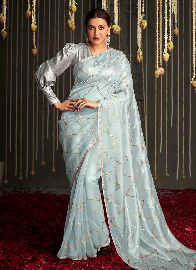 Juliet Sleeves V-Neck Sky Blue Bollywood Saree Extremely Cheap Pice