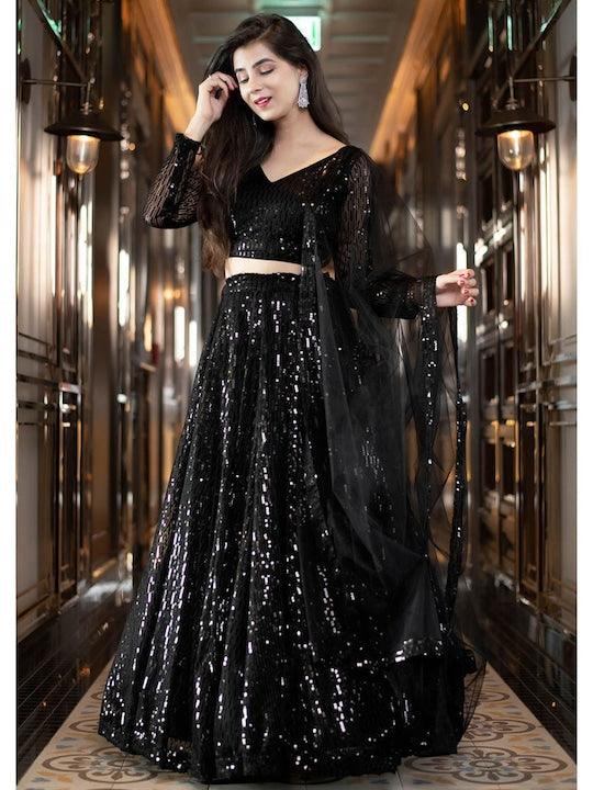 Black Net Sequinned and Embroidered  Flared Lehenga Choli Cheap Sale Enjoy