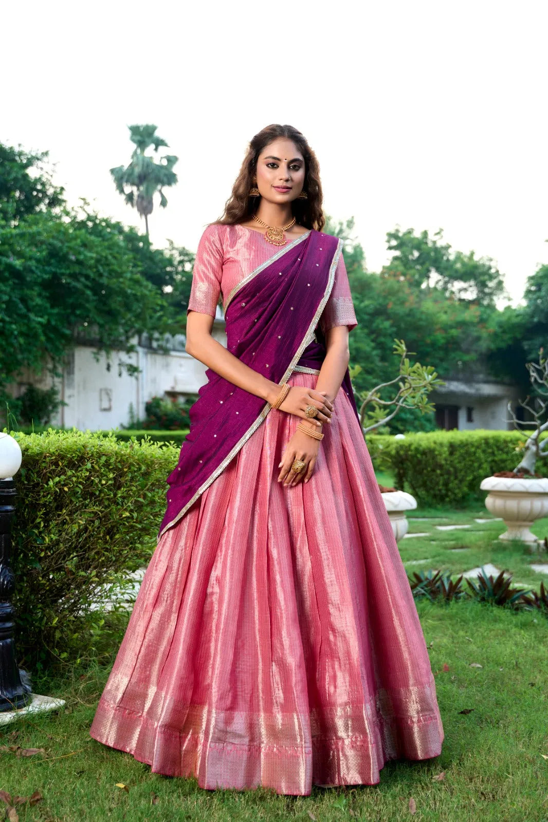 Fiery Kanchipuram Zari Weaved Pink Lehenga Choli Set Sale With Paypal