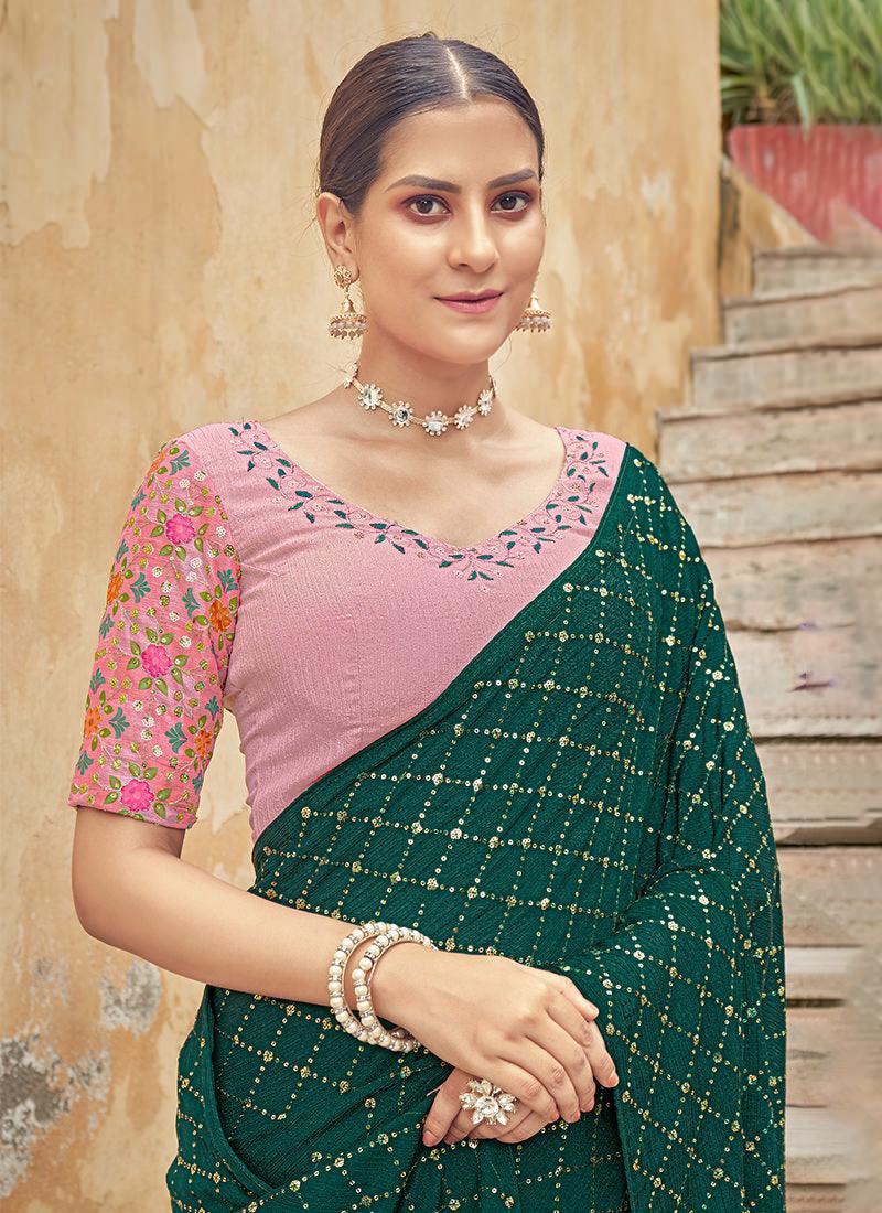 Embroidered Chinon Dark Green Saree Discount Cheapest Pice