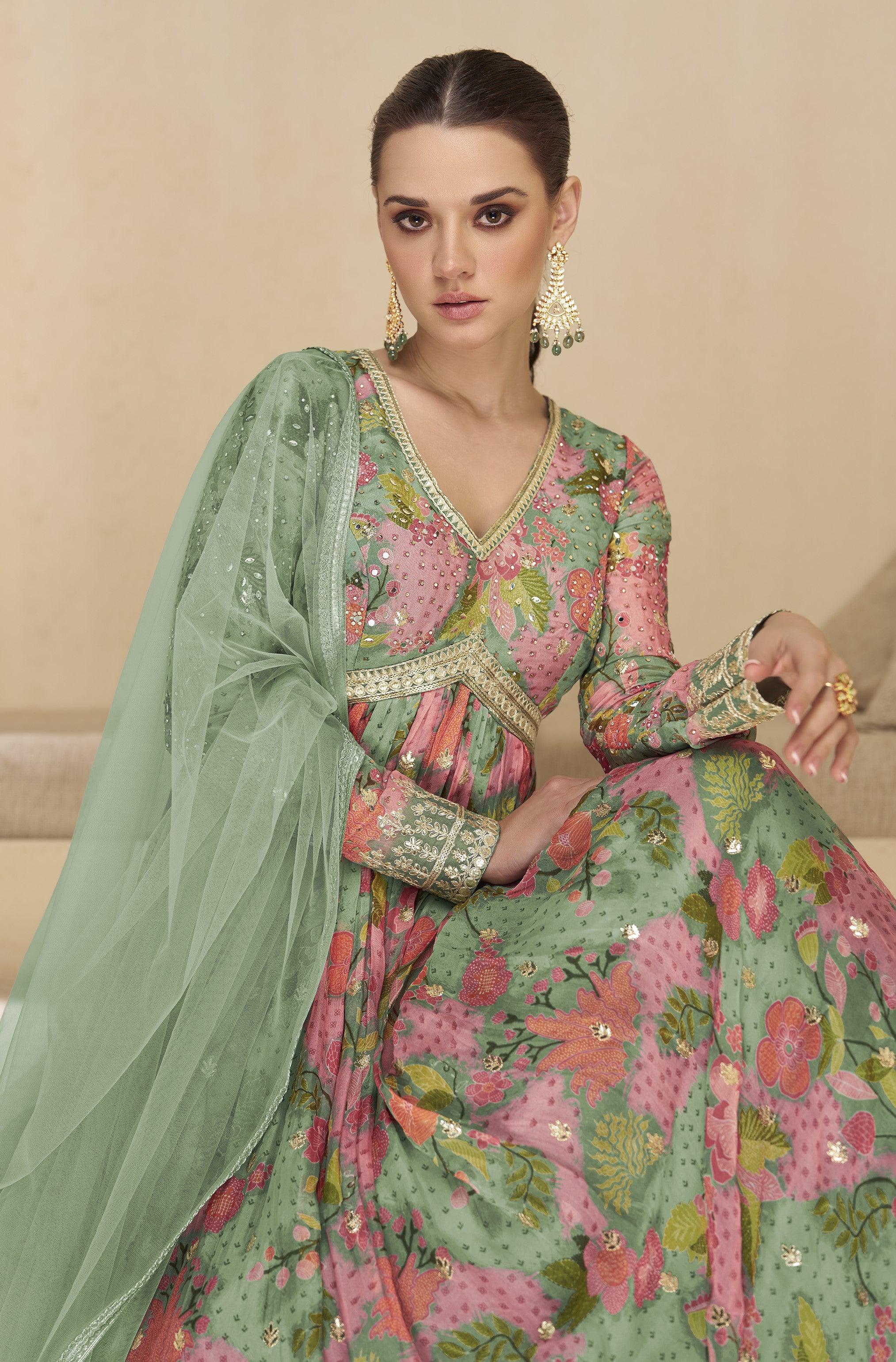 Green Pink Pure Georgette Festive Wear Designer Gown Shop Offer