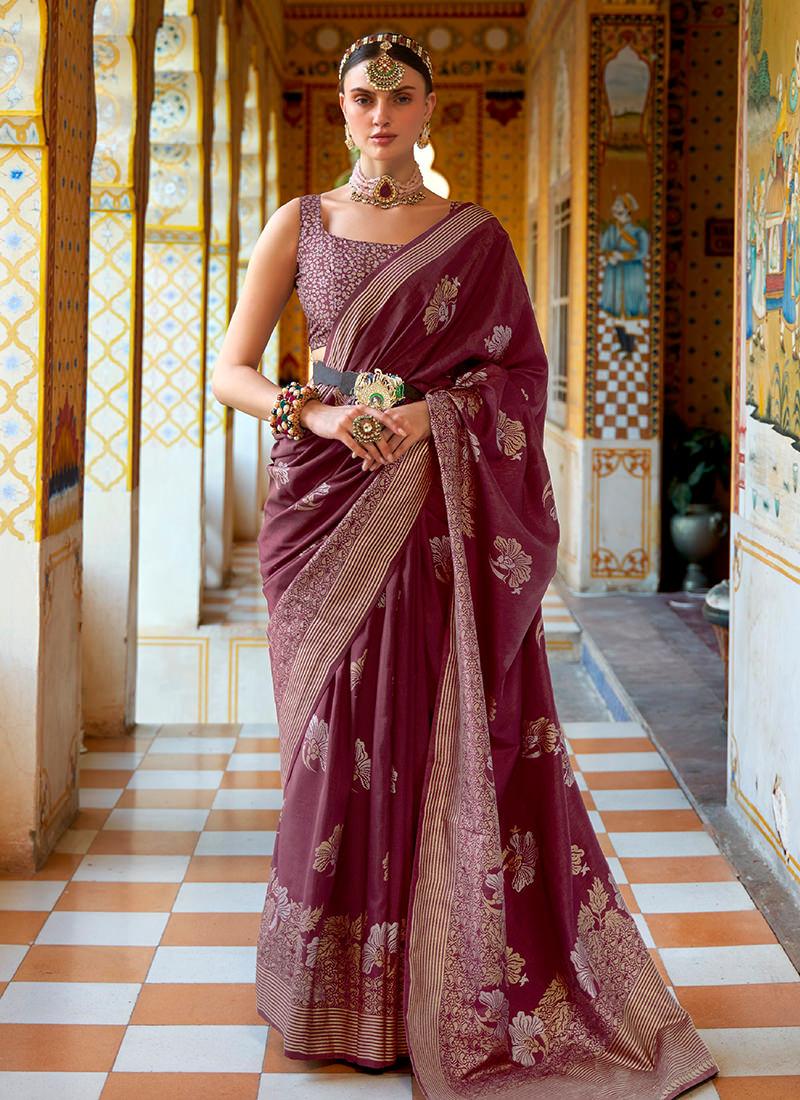 Wine Color Silk Weave Classic Saree For Sale Free Shipping