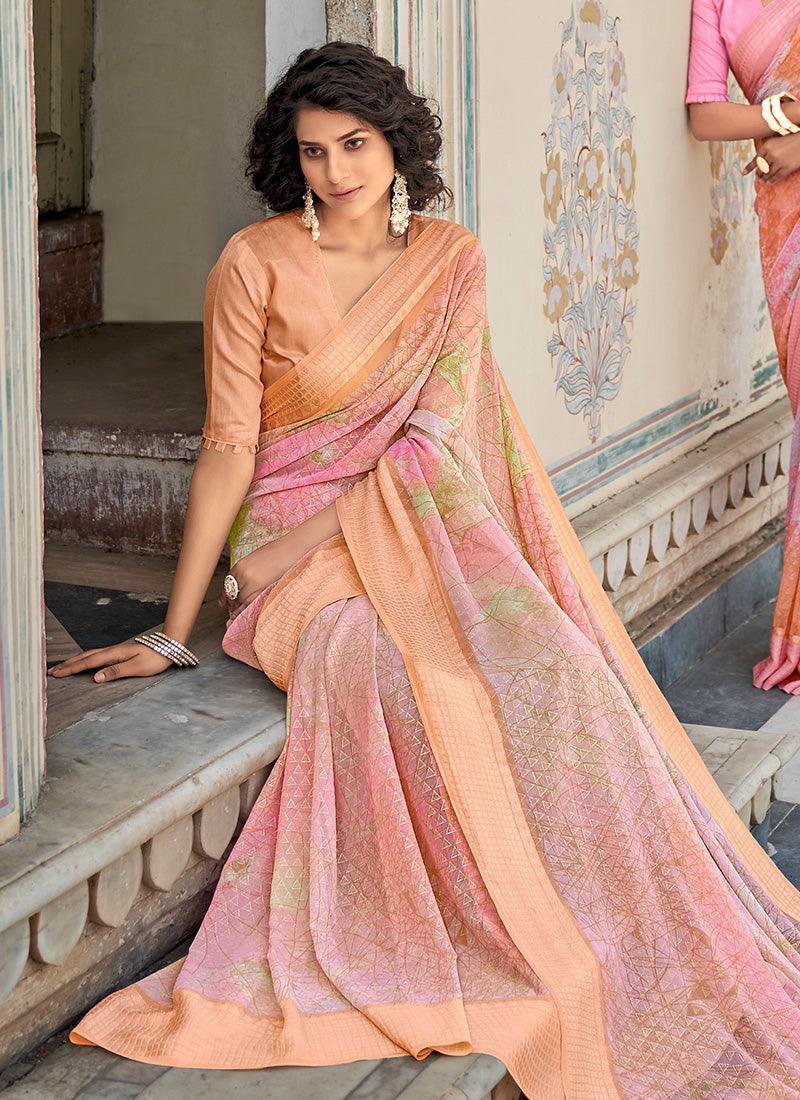 Striped Pattern Elbow Sleeves Classic Pink Saree Nicekicks