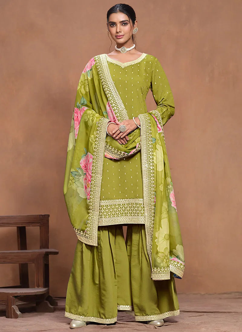 Designer Lime Green Embroidered Silk Sharara  Suit Free Shipping Pices