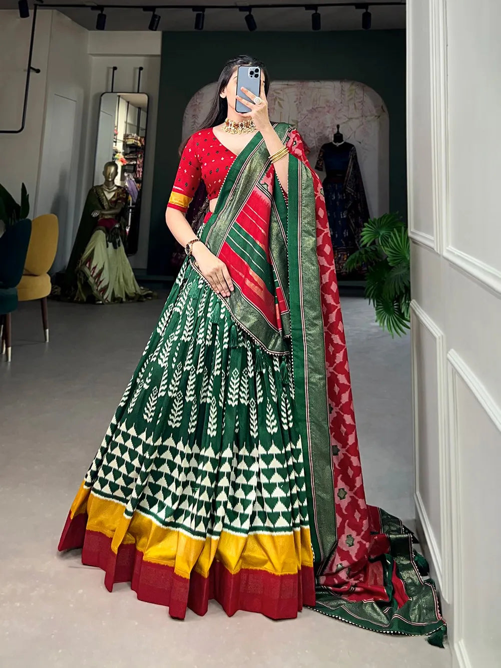 Impressive Green Tussar Silk Printed Lehenga Choli Set Low Pice Fee Shipping Online