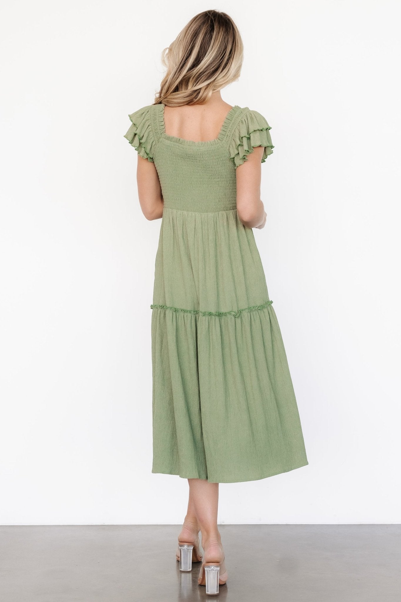 Jacie Smocked Midi Dress | Sage Clearance Low Pice Fee Shipping