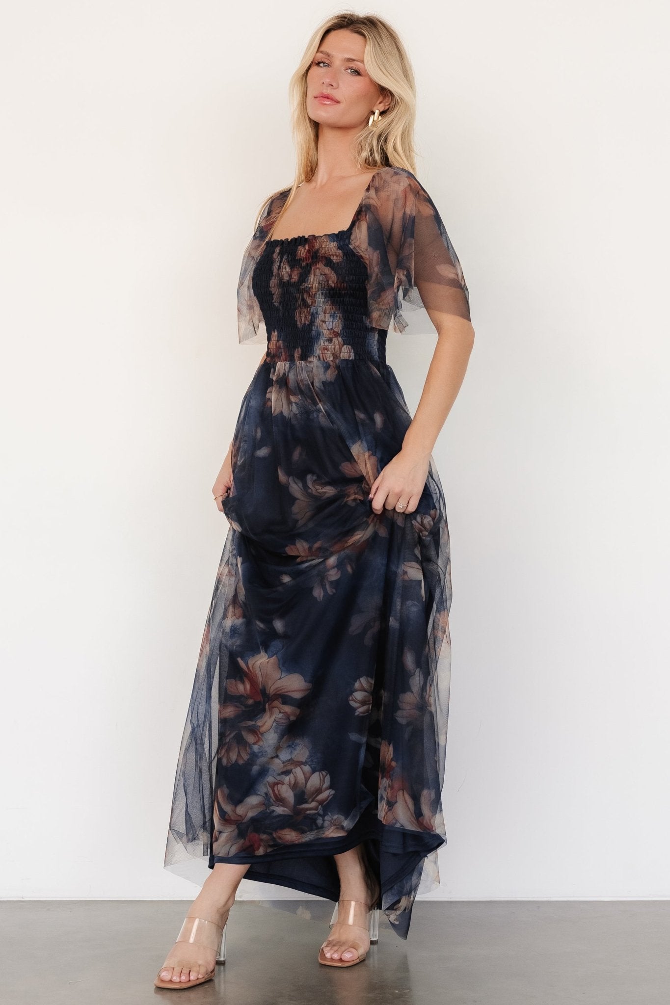 Cassandra Tulle Maxi Dress | Dark Blue Floral Discount Low Cost