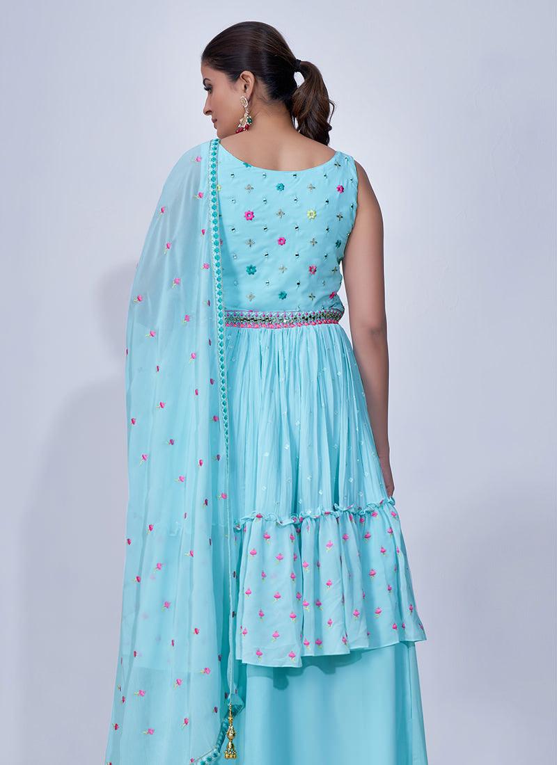 Thread With Mirror Work Aqua Blue Palazzo Suit Cheap Exclusive