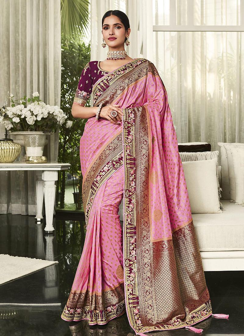 Heavy Work Pink Color Dola Silk Saree Cheap Sale New