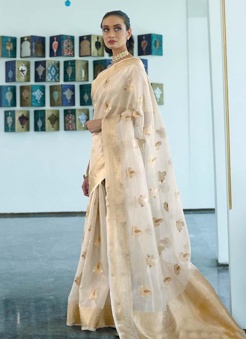 Sumptuous Look Off-White Color Organza Material Silk Weaving Saree Discount Big Sale