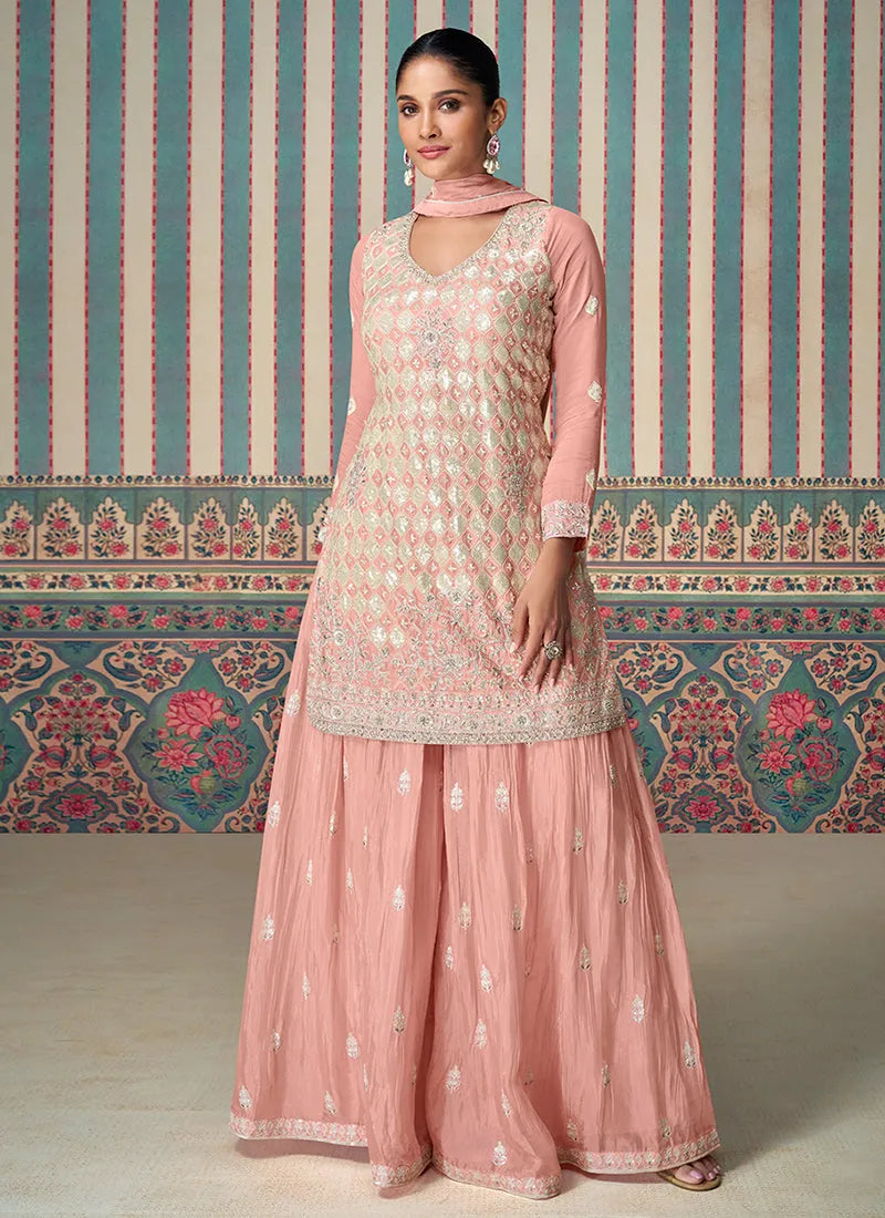 Blazing Blush Pink Embroidered Chinon Sharara Suit Clearance Store Sale Online